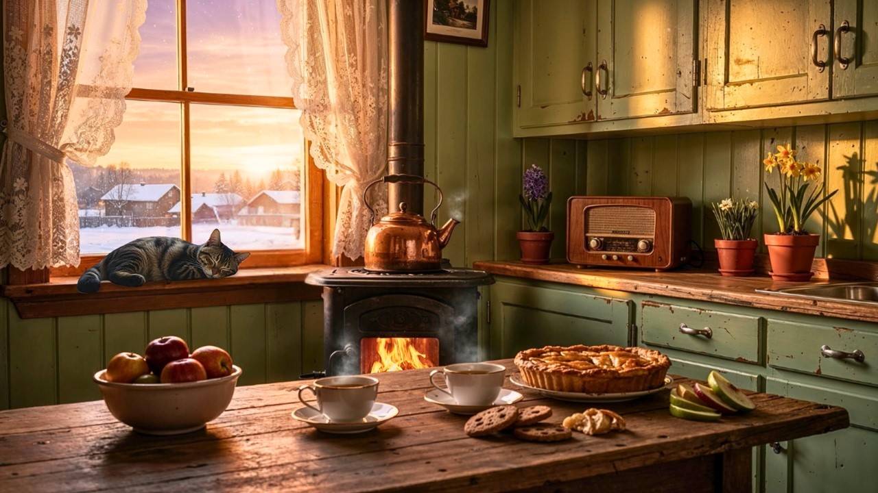 Warm 1950s Winter Morning in the Kitchen ☕ Oldies Playing in Another Room | Soft Vintage Jazz