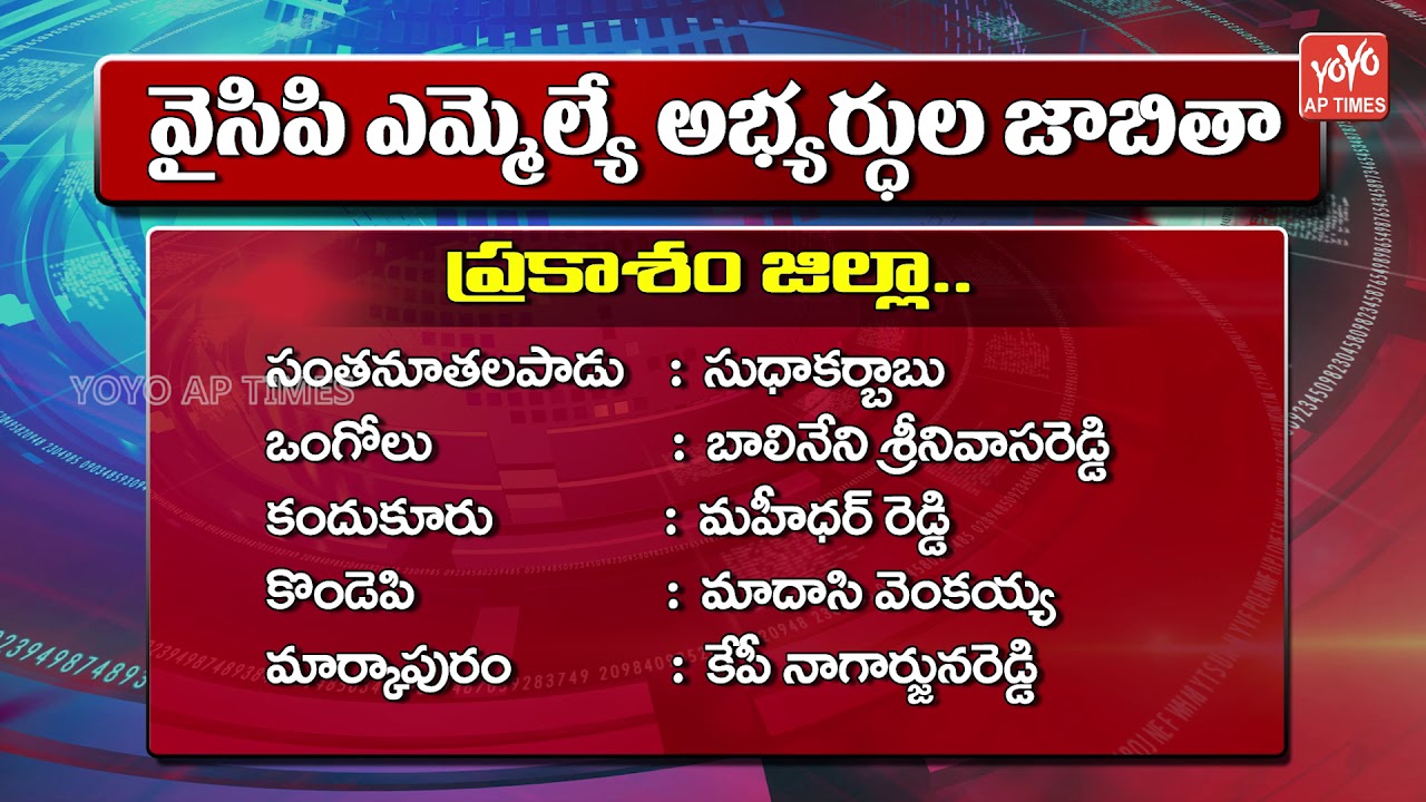 Prakasam YSRCP MLA Candidates List | Prakasam Elections 2019 | District Wise YCP MLA List | YOYO AP
