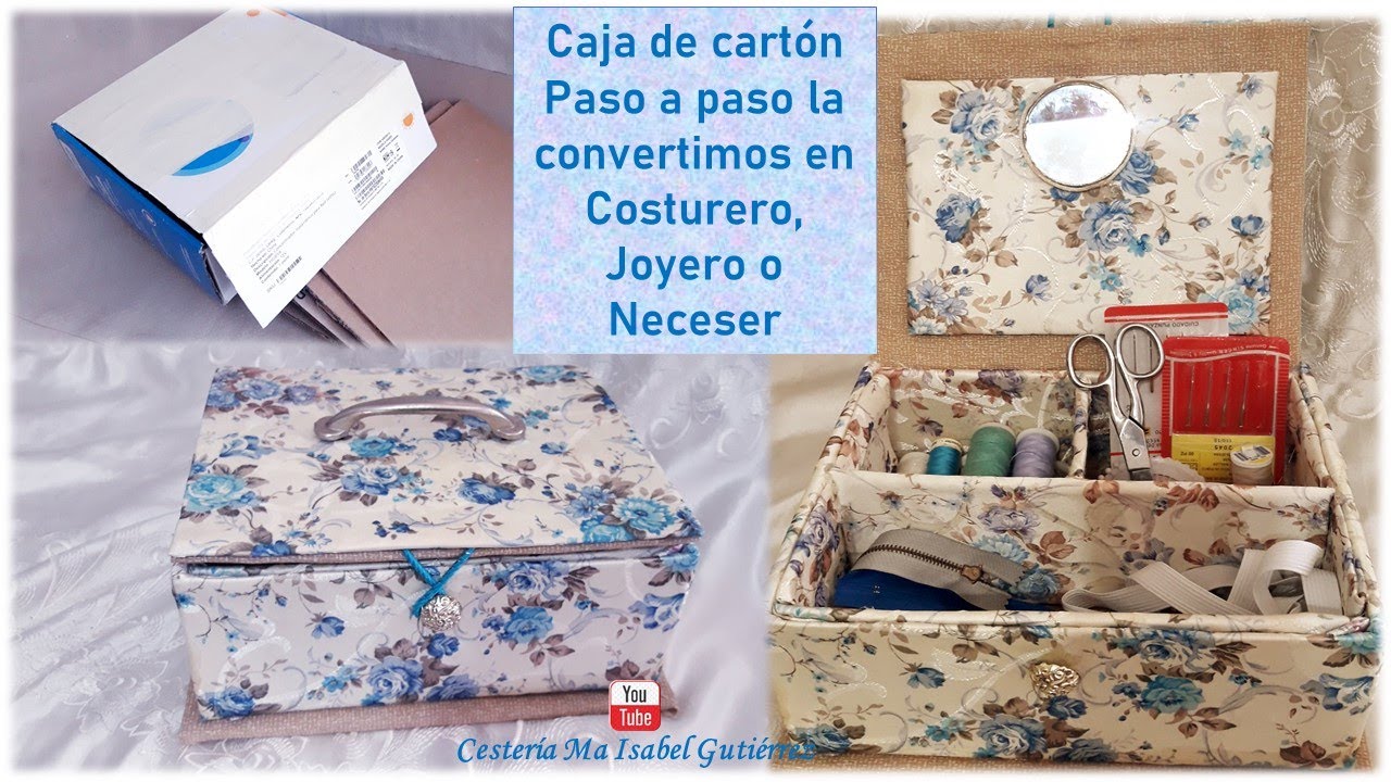 Caja de cartón? La convertimos en hermoso joyero, Neceser o costurero. Crafts with cardboard box