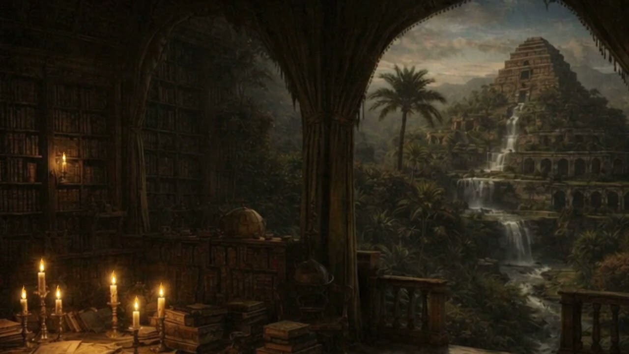 Candlelit Library Overlooking the Hanging Gardens of Babylon 🌿📖 Seven Wonders Study Room