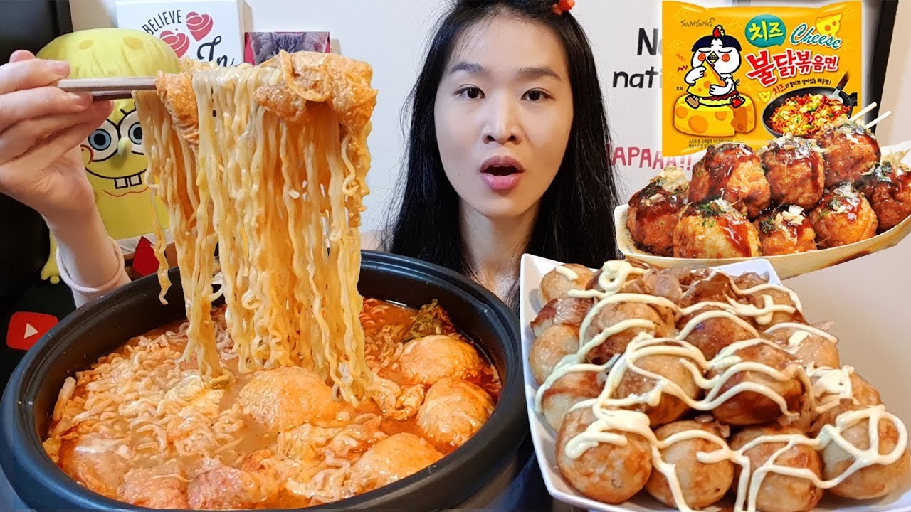 EXTRA CHEESY! Cheese Fire Noodles Stew & Creamy Takoyaki Balls | Ramen Mukbang w/ Asmr Eating Sounds