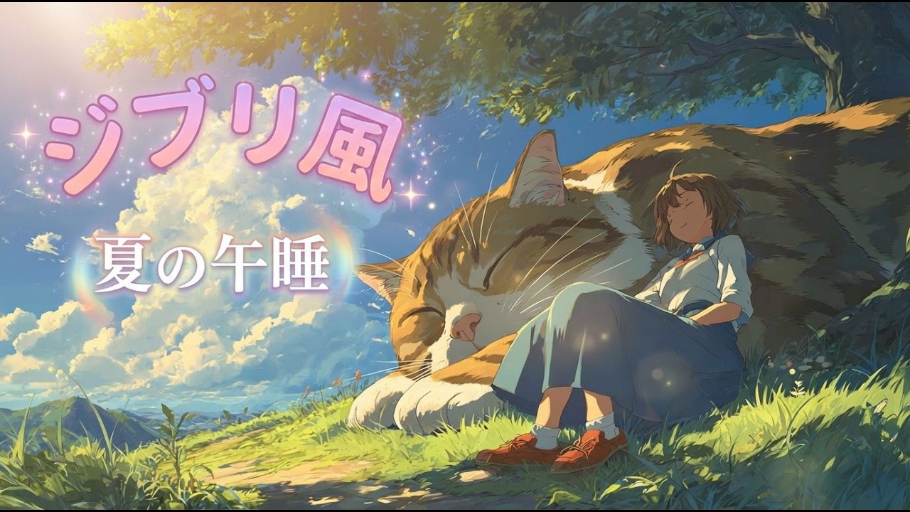 Ghibli Style Summer 🎐 Nap on a Giant Cat | Relaxing Piano & Cicada Sounds