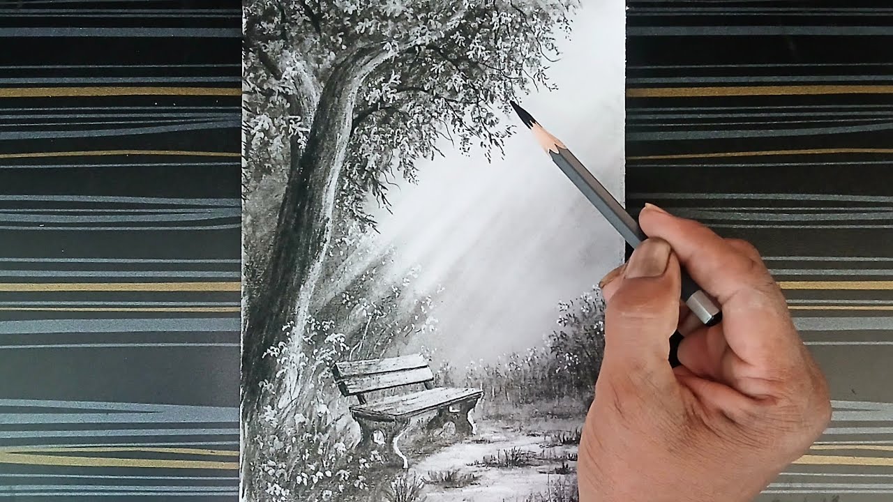 How to draw a bench with spring season landscape by pencil.