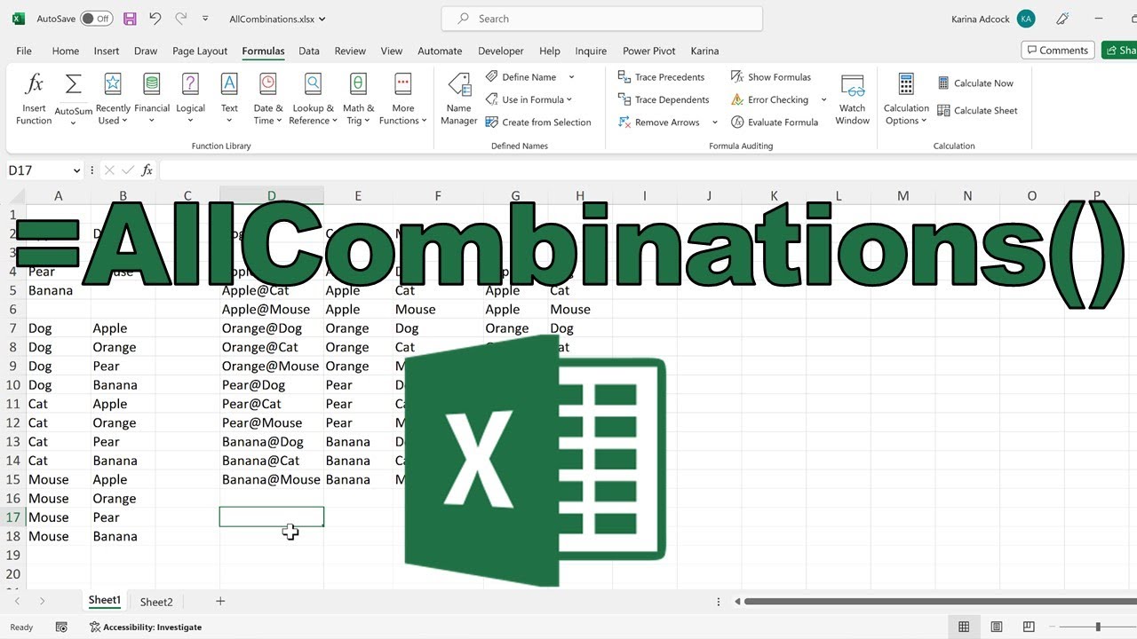 Formula to get all combinations of two lists | Excel lambda