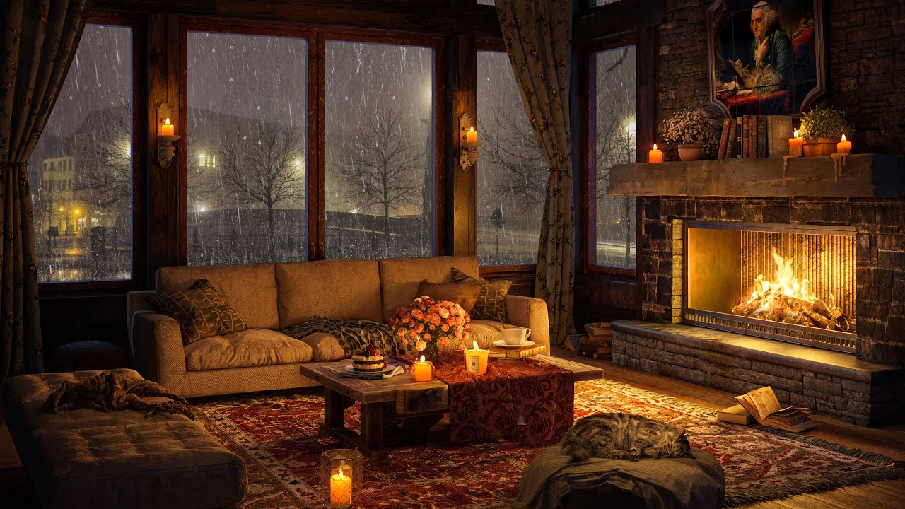 🌧️ Cozy City Room 🎶 Relaxing Jazz Ambience & Crackling Fireplace on a Rainy Night for Deep Sleep 💤