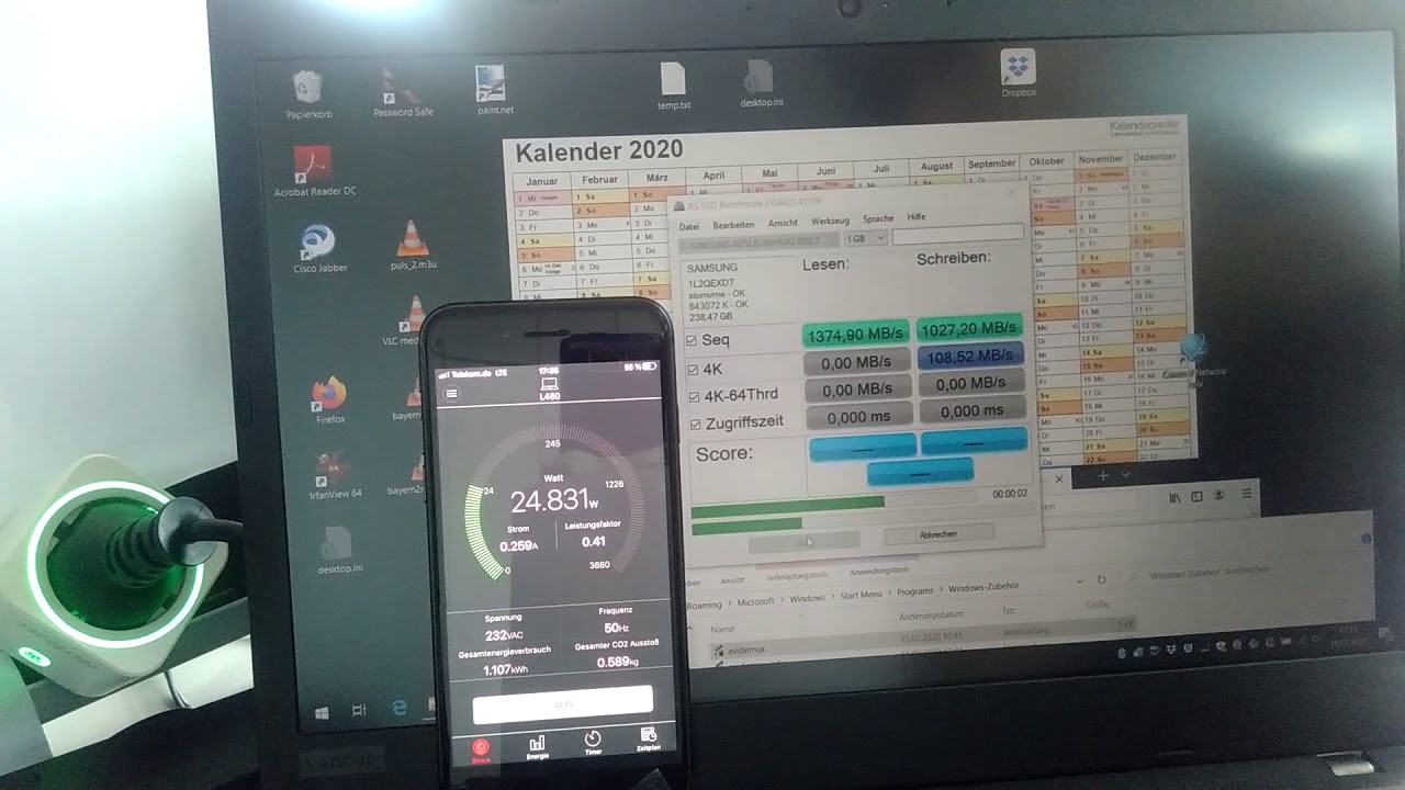 Voltcraft SEM6000 Energiekostenmessgerät mit Lenovo L480 Laden, Prime, ASSSD, Firefox, Taskmanager