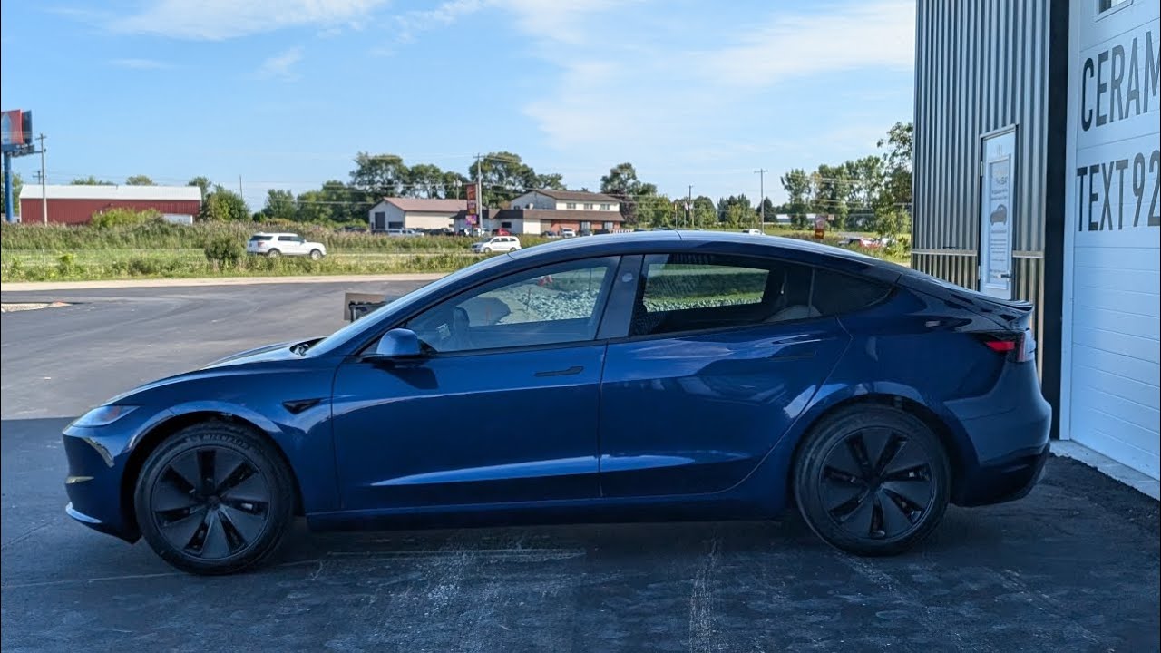 New 2024 Deep Metallic Blue Tesla Model 3 with a Premium Hydrophobic Ceramic Coating Hand Applied.