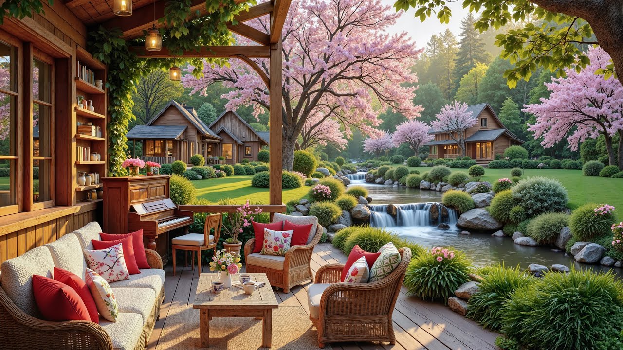 Romantic Spring Porch Jazz Ambience | Soft Piano Jazz and Flowing Stream for Deep Focus