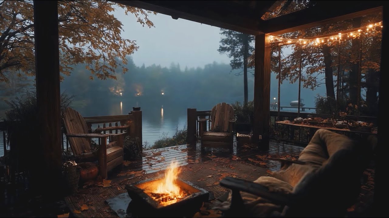 Cozy Lake House Porch on a Rainy Day with a Warm Fireplace