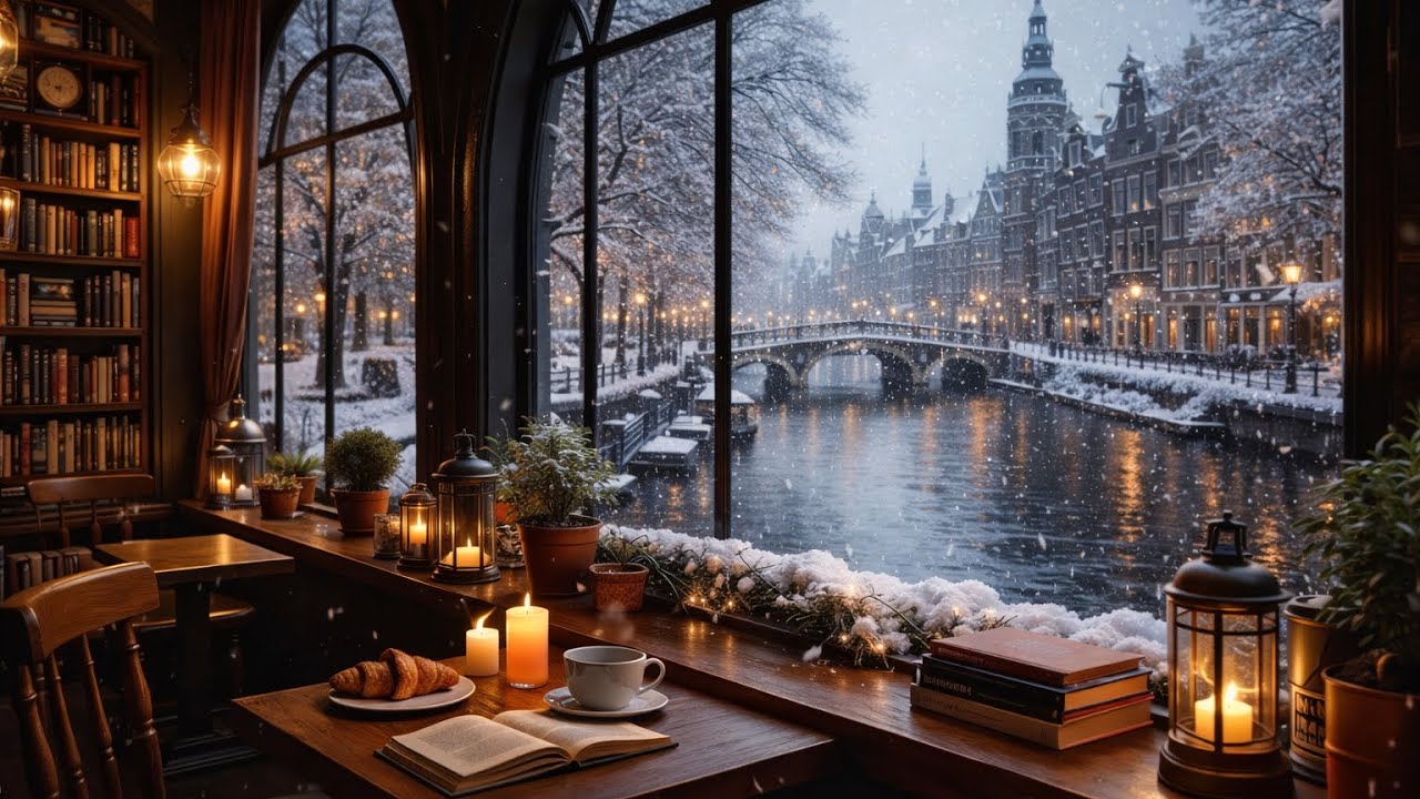 Cozy Coffee Shop Ambience with Relaxing Jazz Music - Snowing in Amsterdam