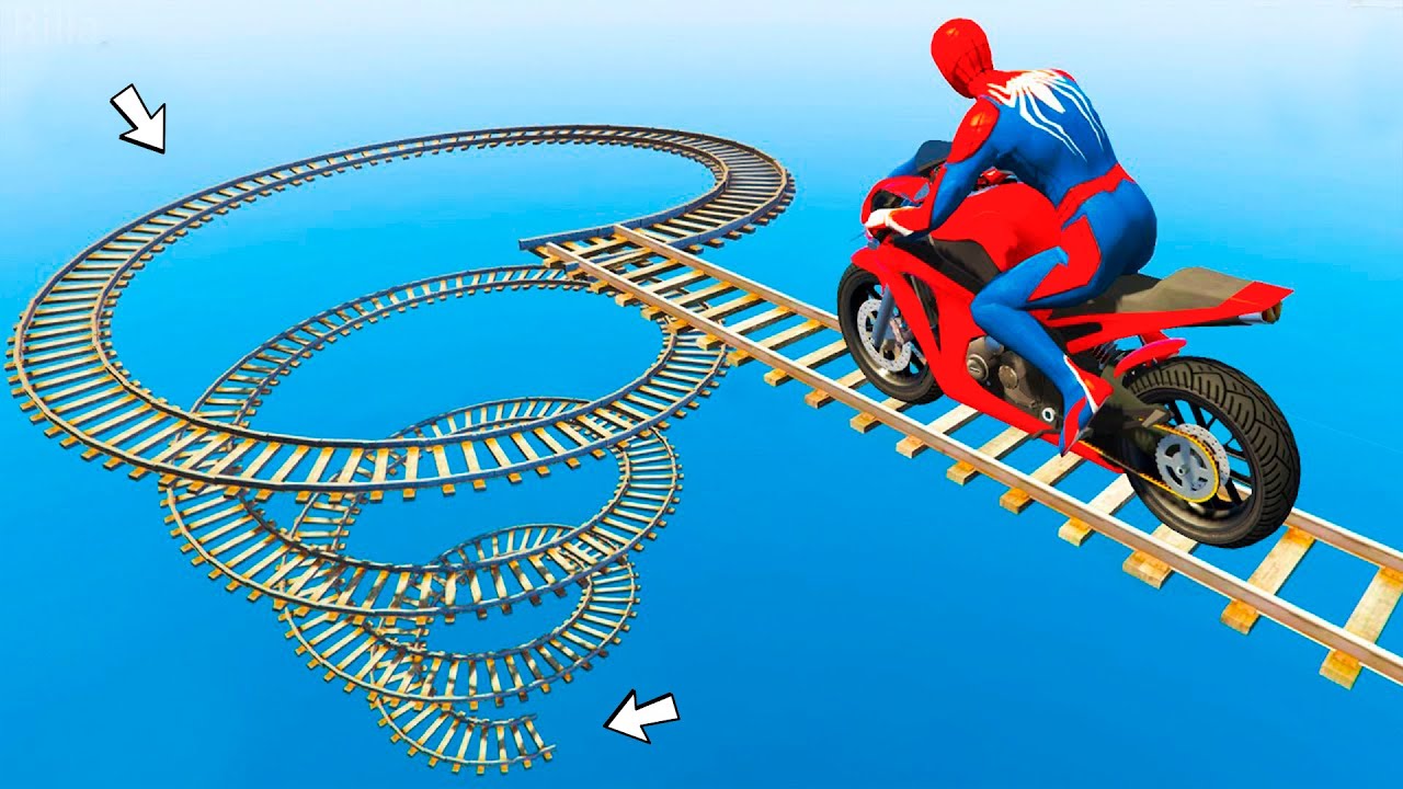 الأبطال الخارقين على القضبان دوامة قمع جسر 🕷️🏍️ RAINBOW SPIDER-MAN! on Motorcycle in Spiral Bridge