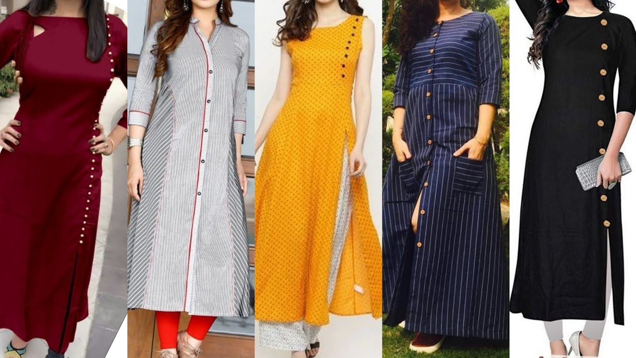 2021Latest Fashion trend long Kurtis with side & center silte with Jeans, Latest Kurtis with Buttons