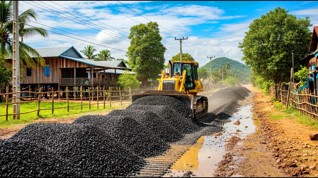 Best Timed Gravel Laid! Professional Road Base Preparation Using Bulldozer While Dump Trucks Supply