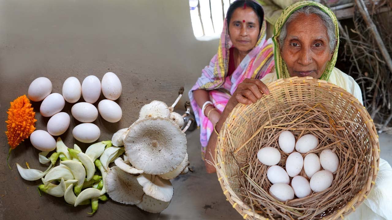 Bhape DUCK EGG in Boil Rice & Natural Paddy Straw MUSHROOM Curry prepared by Grandmother