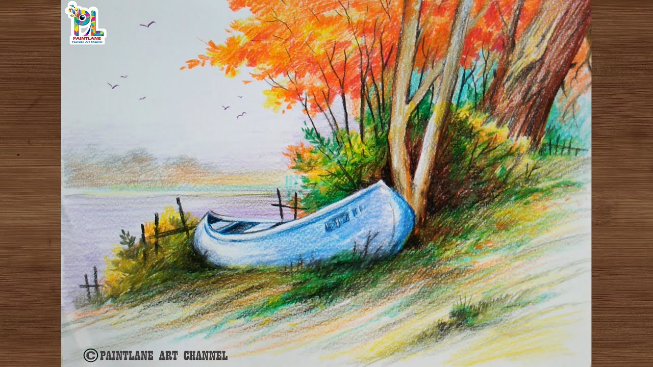 How to draw and coloring scenery art with boat step by step color pencil art || PAINTLANE ART