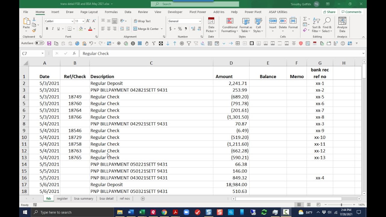 7. Add reference numbers to the current month bank statement.