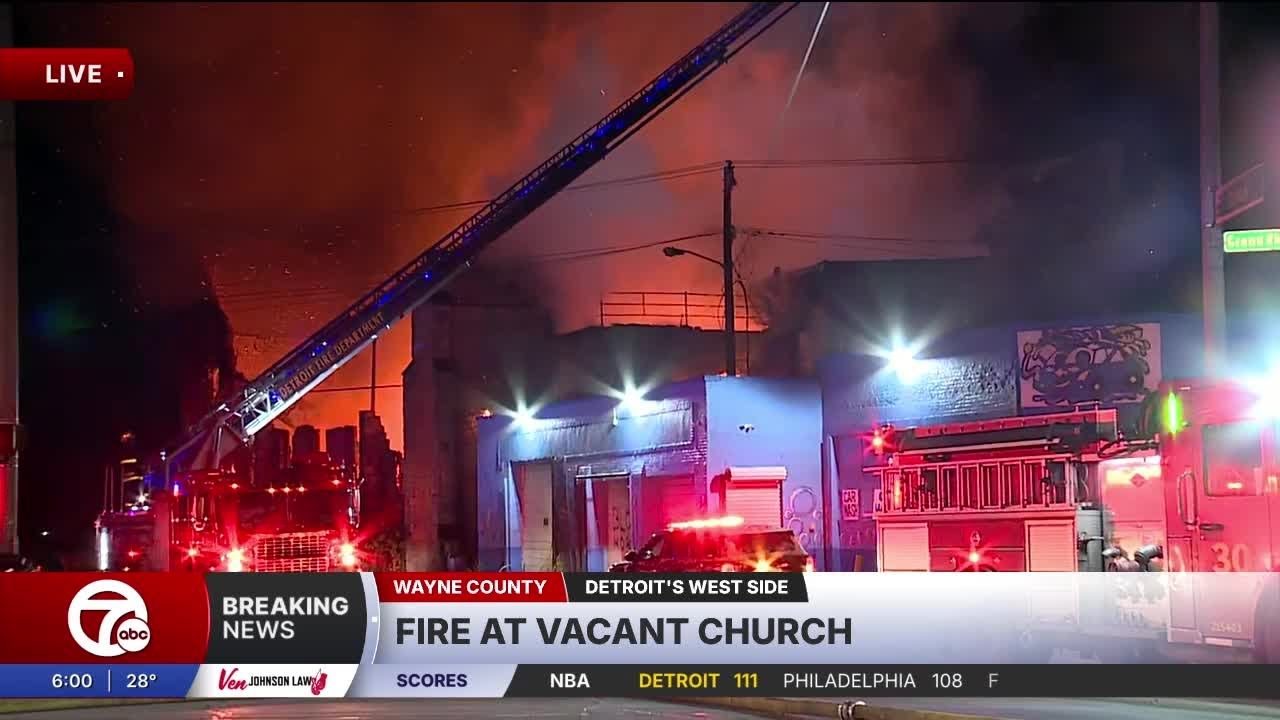 1 hospitalized after fire at vacant church on Detroit's west side