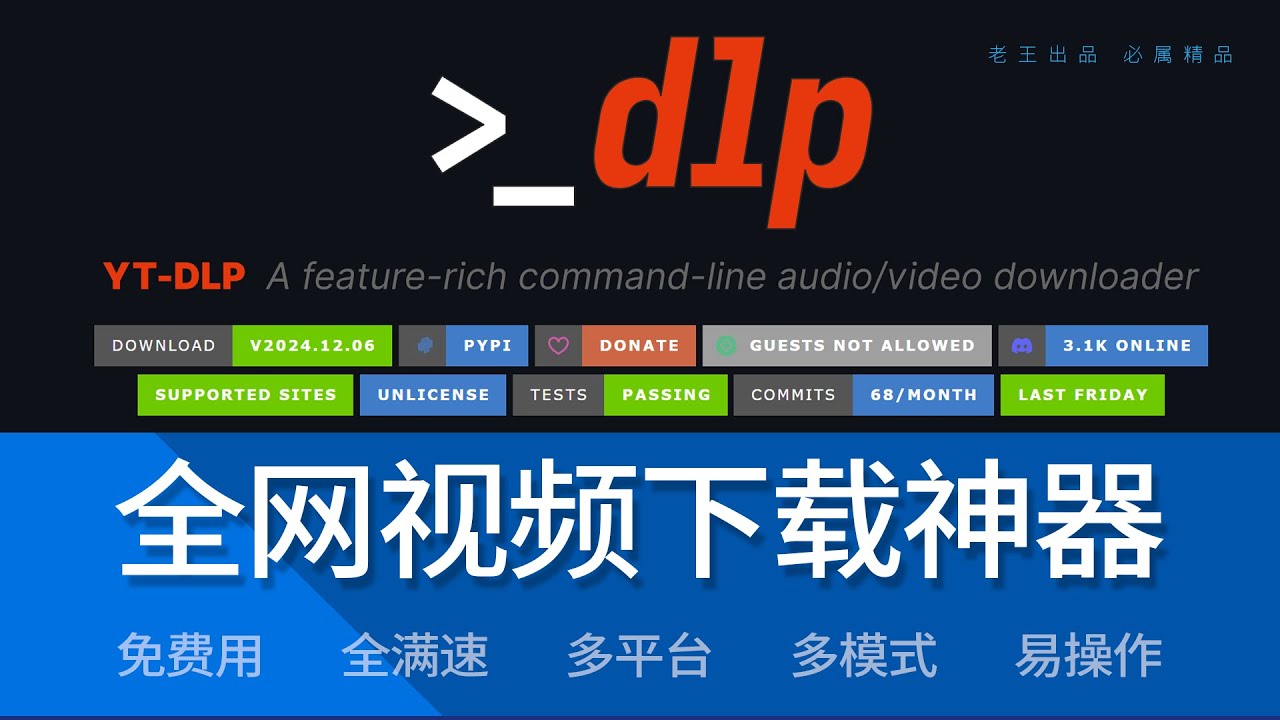 全网免费视频下载神器 |  满速/全平台/易操作/免费/ |YT-DLP小白一站式教程 | 支持超多视频网站