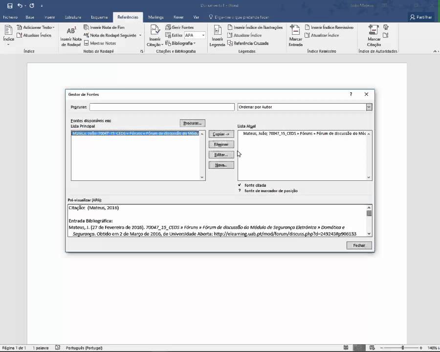 Uso do Word para criar bibliografia segundo as normas APA
