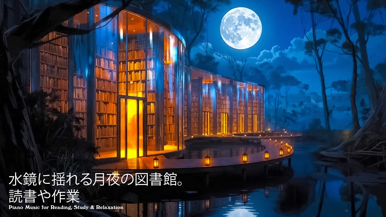 【Piano BGM】水鏡に揺れる月夜の図書館。読書や作業、眠る前のひととき。