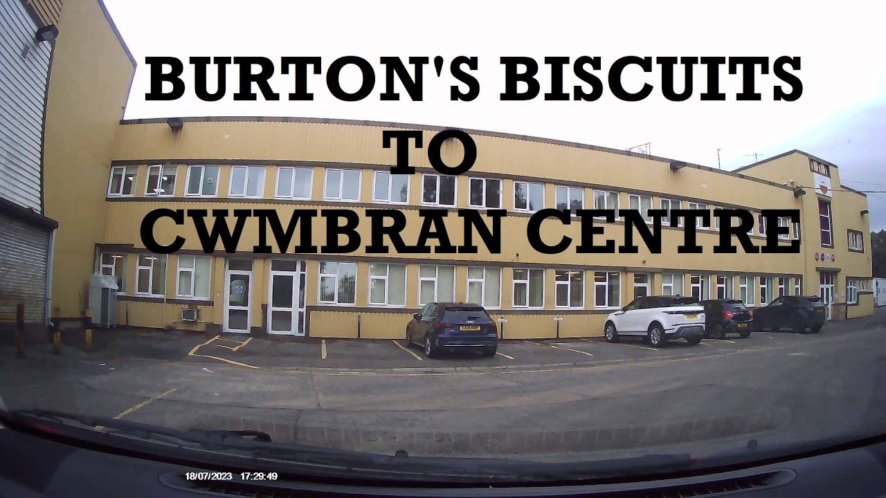 Car journey from Burton's biscuit manufacturing site in Cwmbran to Cwmbran Centre, South Wales.