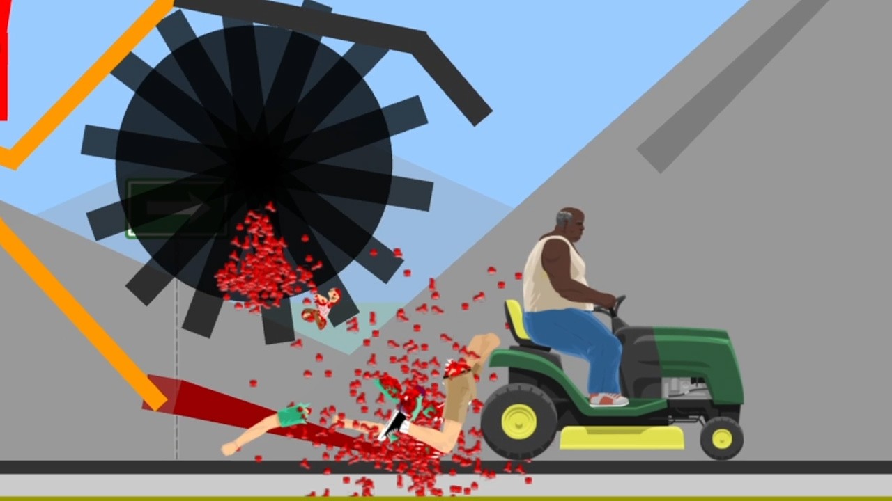 Old Man Attempts to Escape Harvester on Lawn Mower