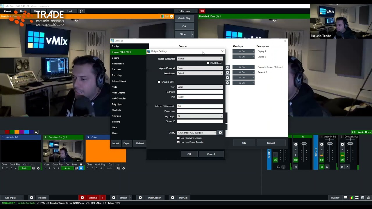 Settings en vMix | Display & Output / NDI / SRT | Máster en Video Directo