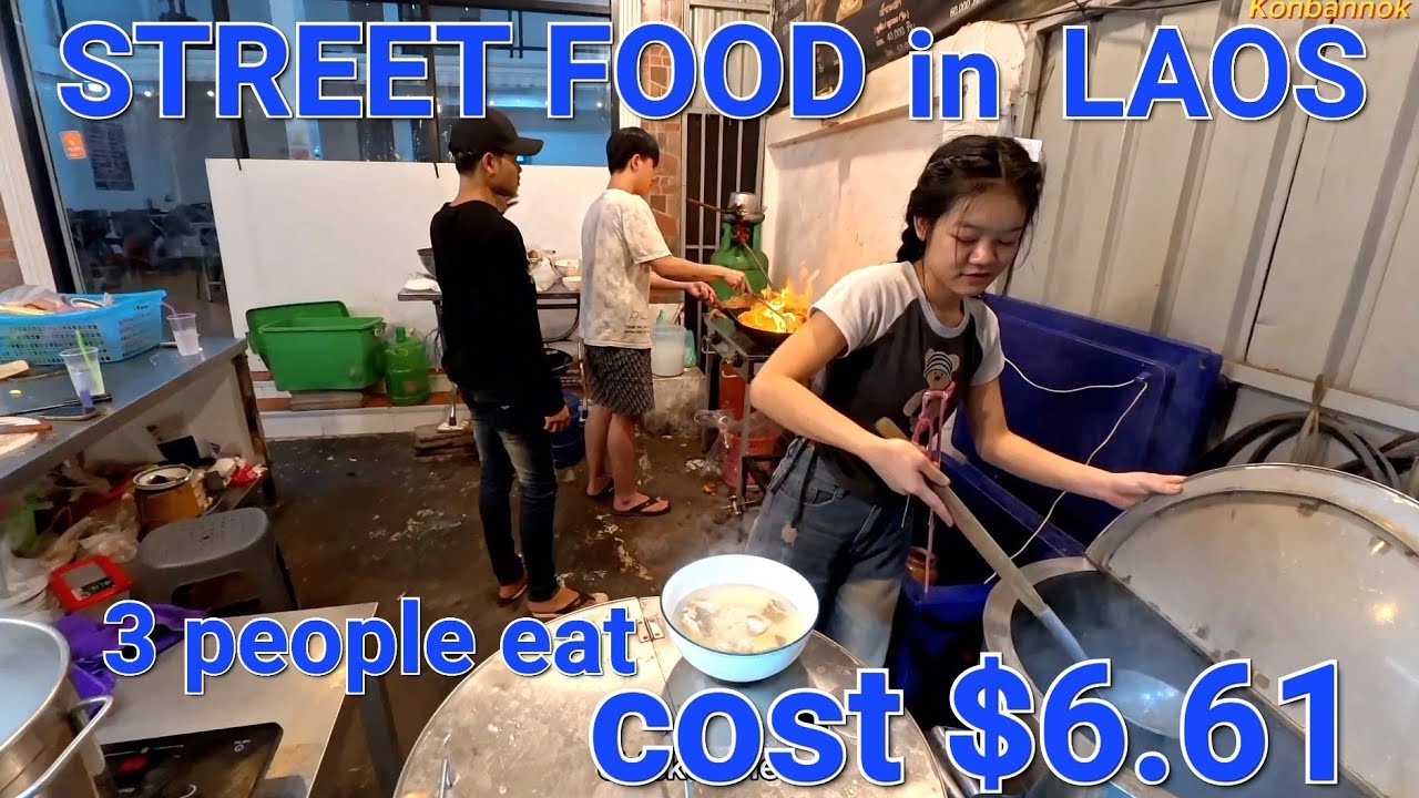Street food restaurant open late at night for dinner and breakfast in Laos.