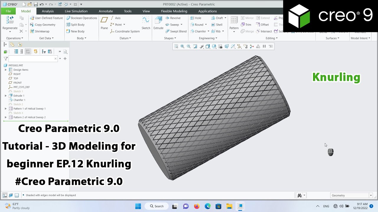 Creo Parametric 9.0 Tutorial - 3D Modeling for beginner EP.12 Knurling #ptc #creoparametric