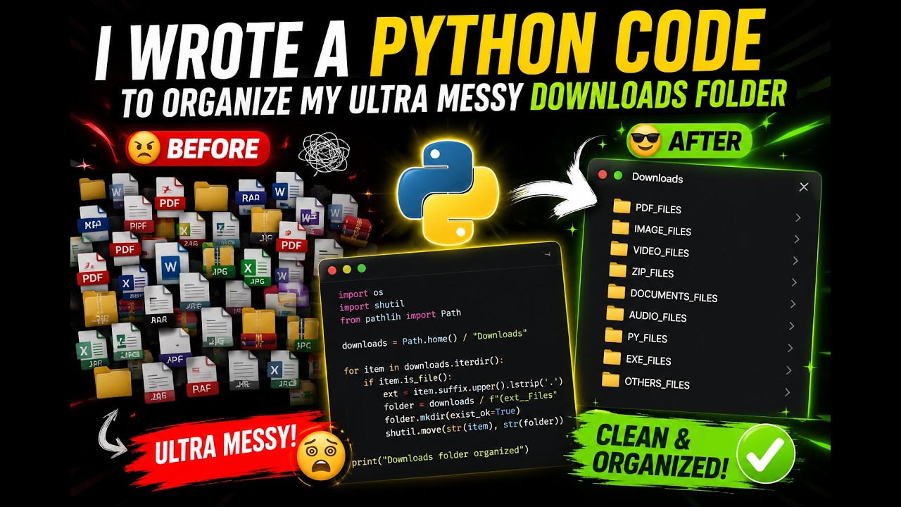 Watch me write a python script that organizes my super messy downloads folder in seconds🔥⚡🌟🤯