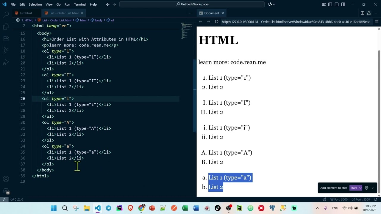 មេរៀន HTML - Create Order List with Attributes in HTML