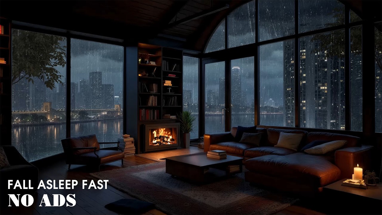 Quiet Rainy Night in New York City 🌧️ Cozy Bedroom Rain Sounds & Warm Fireplace for Deep Sleep