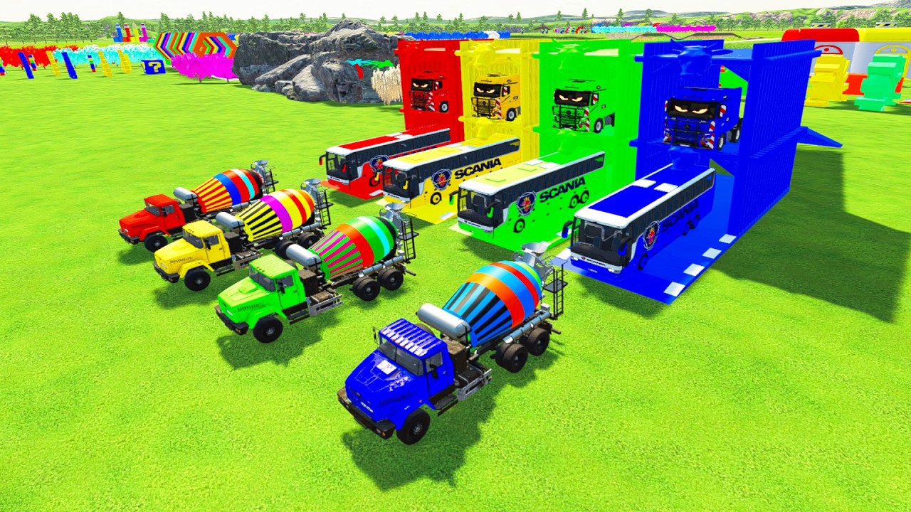 Colorful trucks - ALL COLORFUL KRAZ MIXER TRUCK, SCANIA BUS TRANSPORTING WITH MERCEDES FLATBED TRUCK