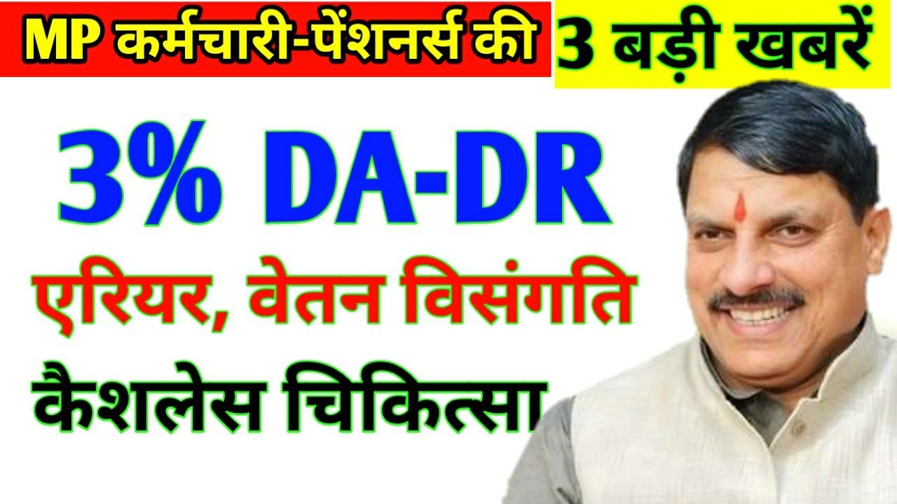 MP कर्मचारियों-पेंशनर्स 3 बड़ी ख़बरें। 3% DA-DR, एरियर, वेतन विसंगति | कैशलेस चिकित्सा 
