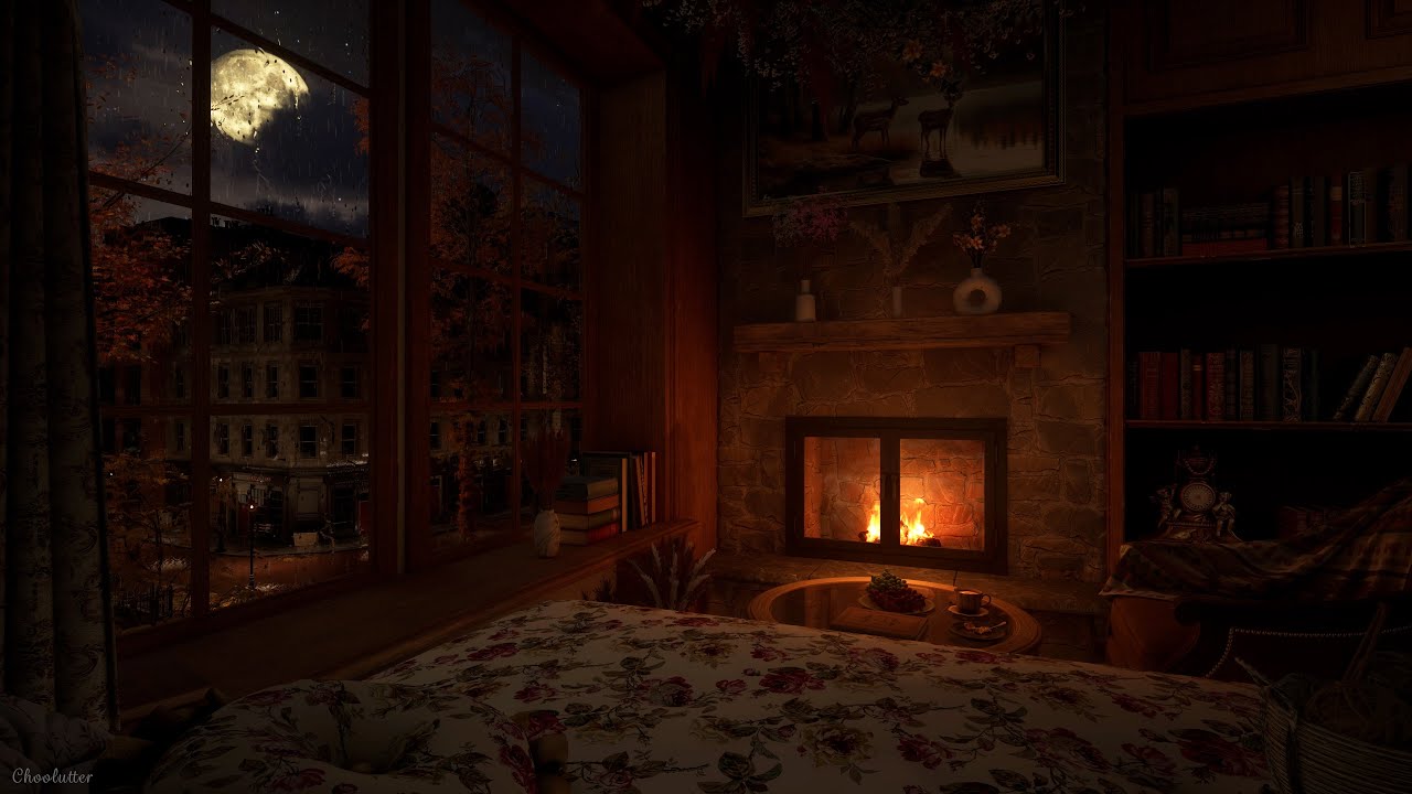 Cozy Study on a Rainy Autumn Night | Rain, Rain On Window, Crackling Fire, Crickets Sounds