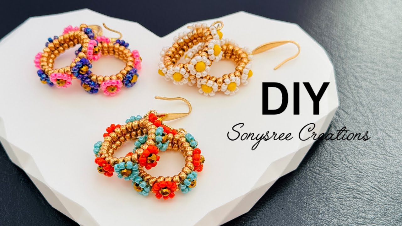Daisy flower hoop beads Earrings || Herringbone Flower Earrings 