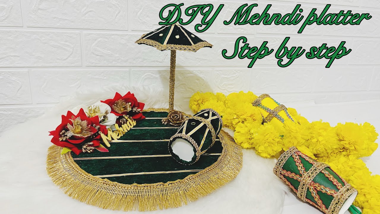 DIY Mehndi Platter + Dholki + Umbrella 💚 | Full Wedding Craft Tutorial✨🥁 #diy #weddingcraft 