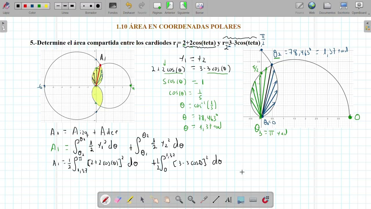 Área entre dos curvas en coordenadas polares (área entre dos cardiodes o corazones)