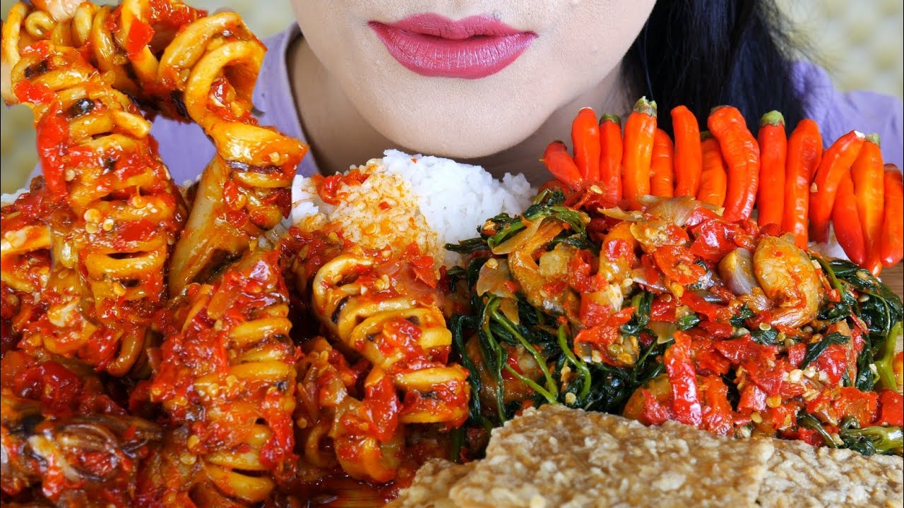 ASMR CUMI BALADO PEDAS, OSENG KANGKUNG PEDAS, TEMPE KRIUK | EATING SOUNDS