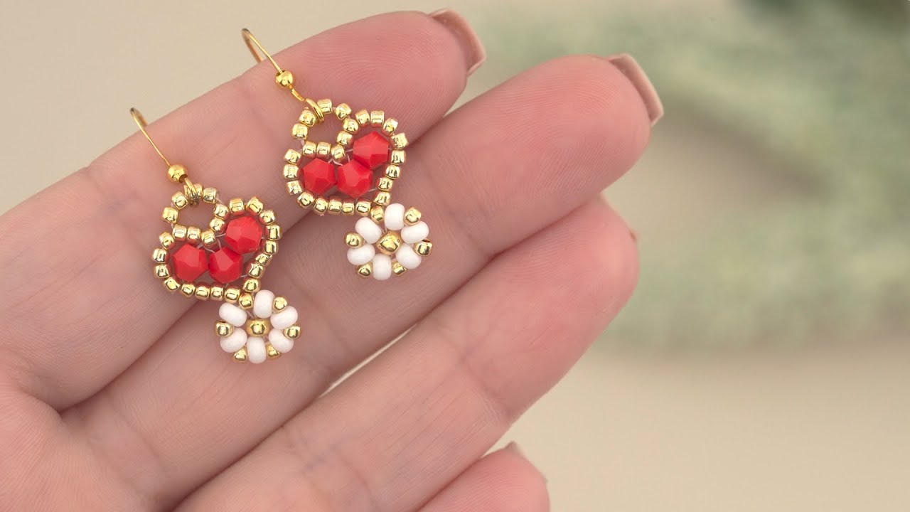 Beaded Heart Daisy Flower Drop Earrings Beading Tutorial | DIY | Crystal & Seed Bead Jewelry Design!