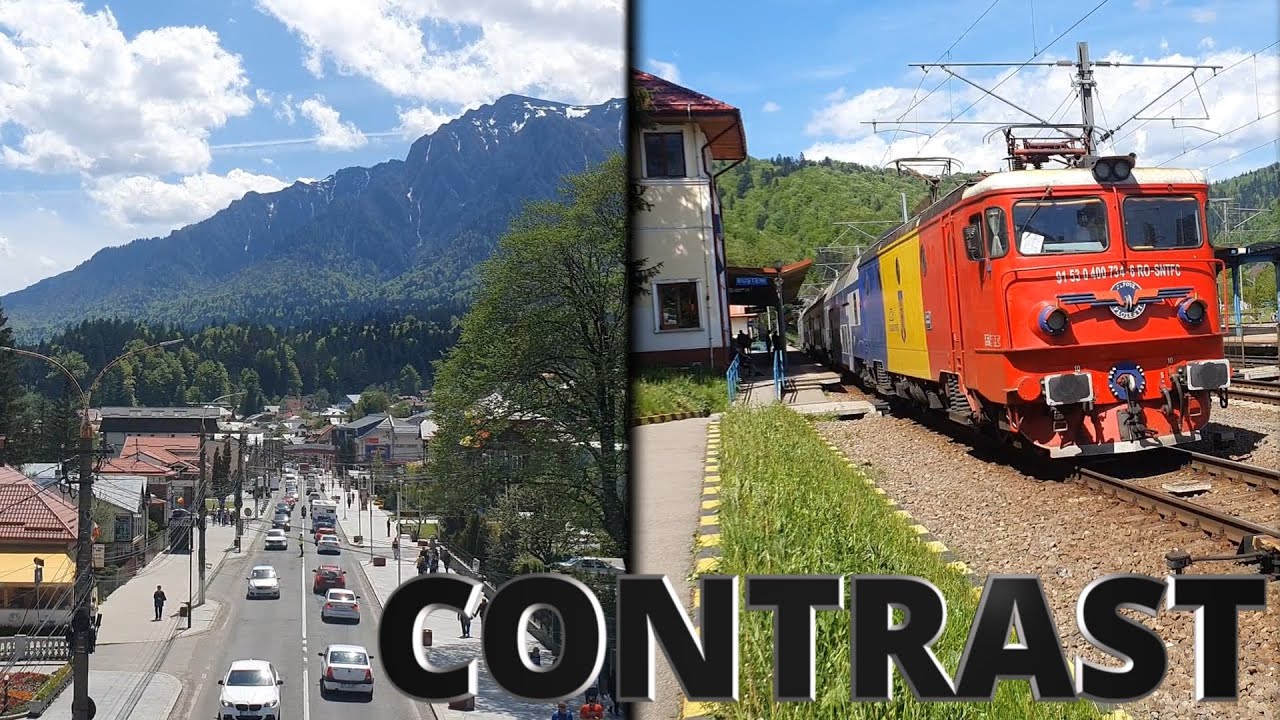 BUSTENI - Intru in oras, traficul de pe DN1, vedere de pe pasarela, alte trenuri care vin si pleaca