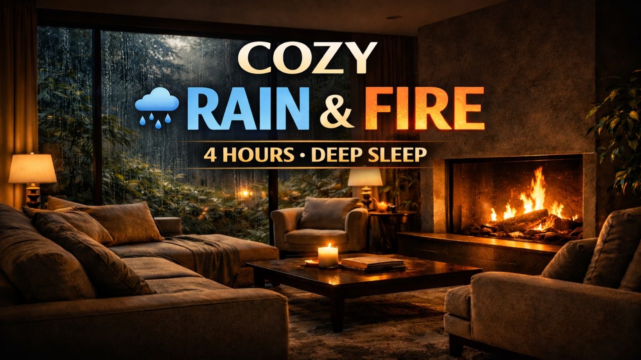 Rainy Night Ambience  - Rain & Crackling Fireplace Indoors