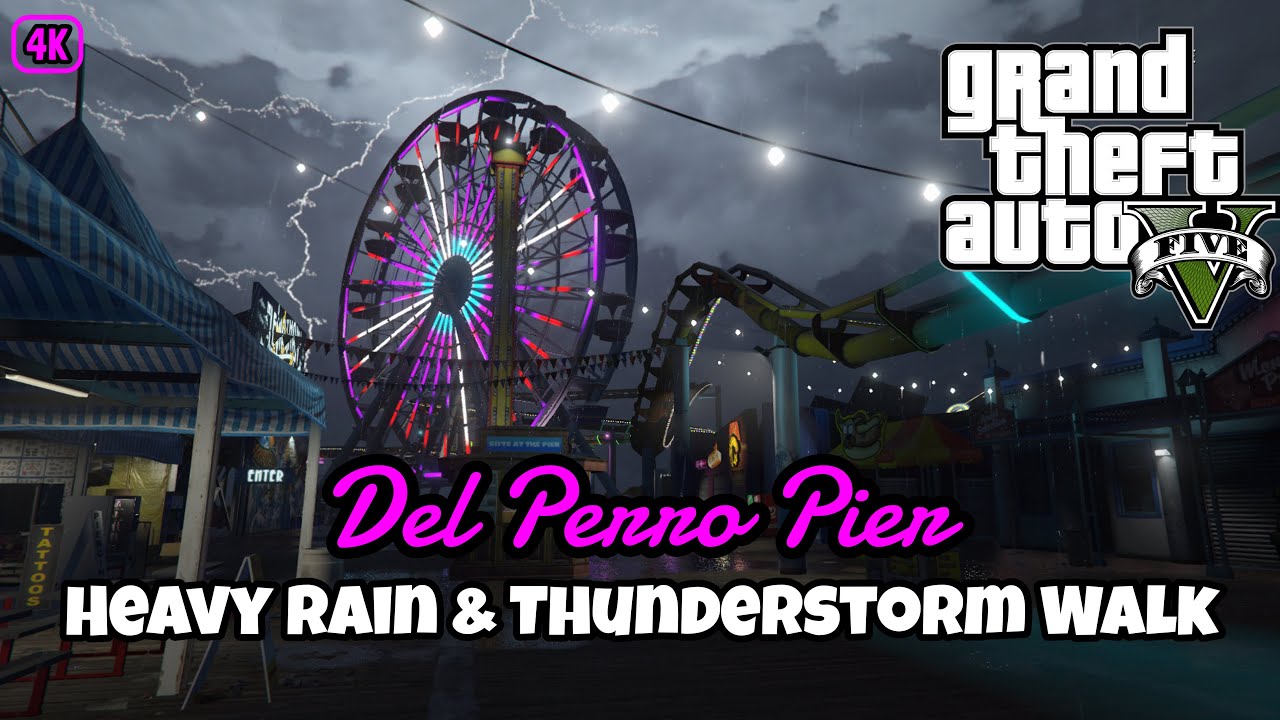 GTAV - Heavy Rain & Thunderstorm Sounds - Walking At Night Del Perro Pier - GTAV Ambience For Sleep.