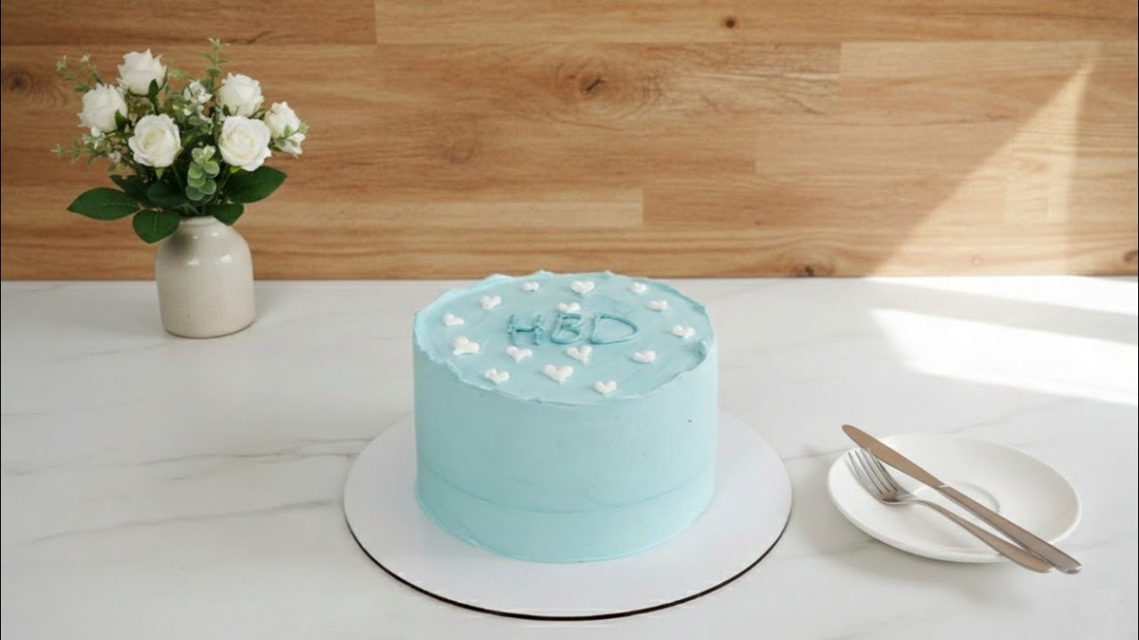 “Minimal Birthday Cake; Pastel Blue with White Hearts”