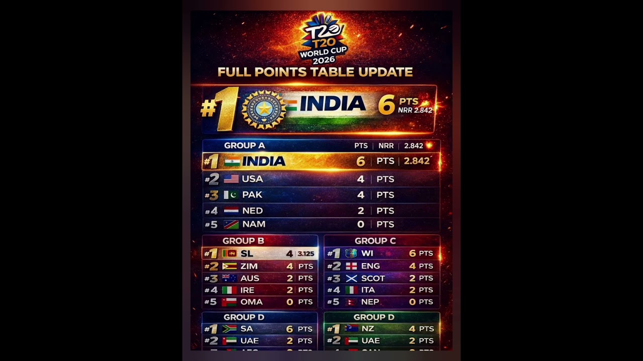 ICC T20 World Cup 2026 &ndash; Full Points Table Update