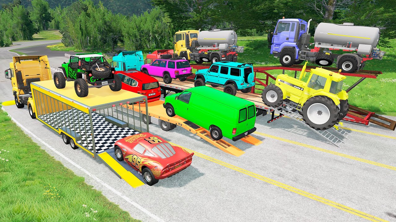 Flatbed Truck Mcqueen | Transportation with Truck - Pothole vs Car #4 - BeamNG.Drive