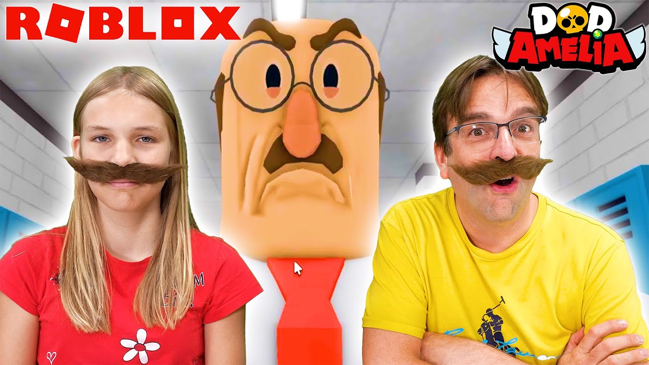 Amelia & Dad play Roblox Mustache challenge in Great School Breakout