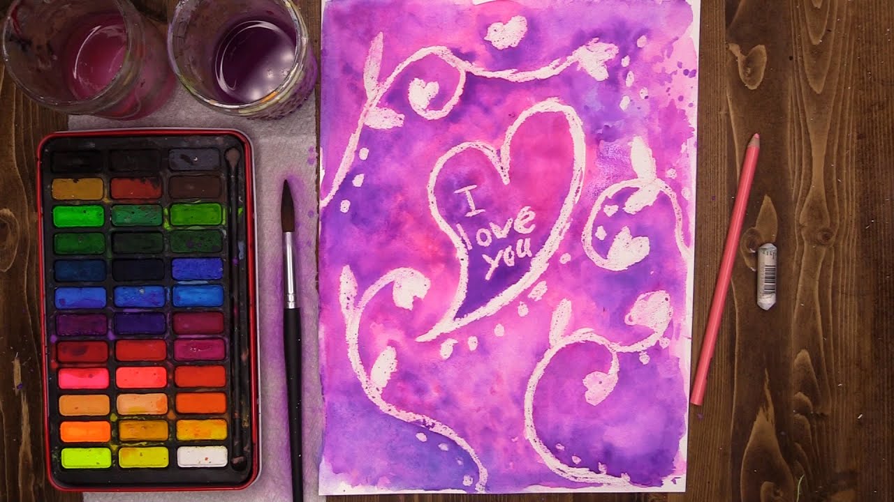 Watercolor wax resist - I love you! Virtual McArt