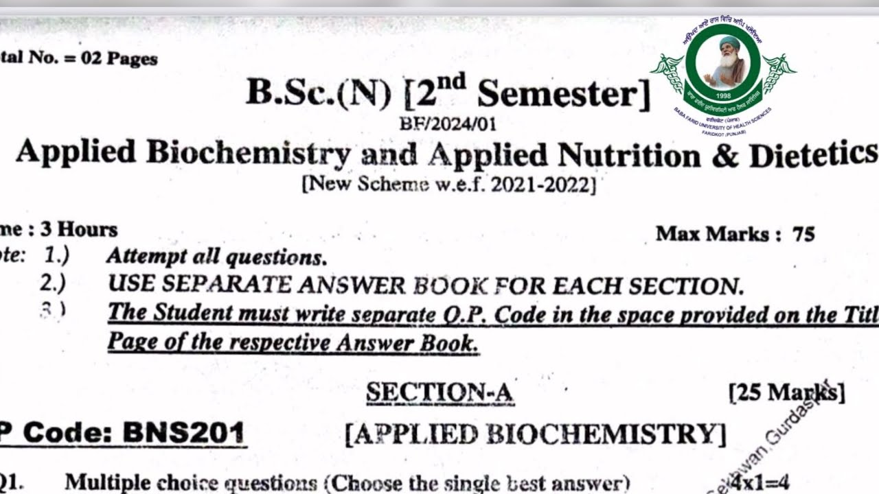 Bsc. Nursing previous Question Paper 2nd sem | BFUHS | Applied Biochemistry & Nutrition & Dietetics