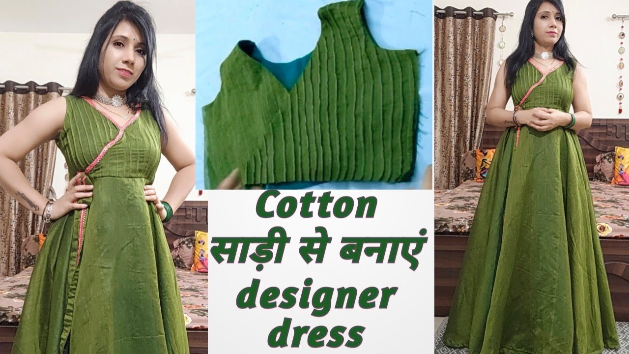 Angrakha Style Gown Cutting And Stitching | Cotton साड़ी से बनाए designer Gown | Saree Reuse Idea
